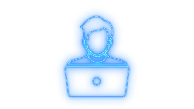 Colorful neon icon of a male professional freelancer or software developer working on a laptop computer for business and education purposes isolated on transparent background
