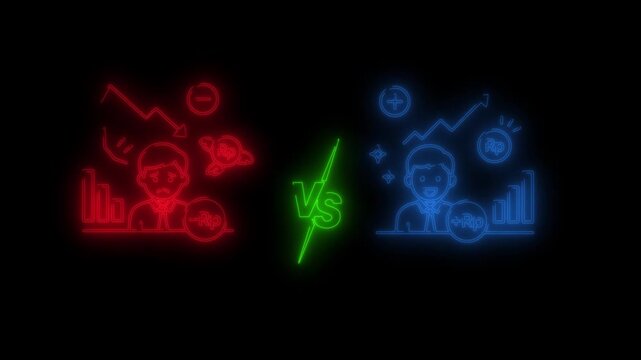 Financial animation of investment loss vs profit with Indonesian Rupiah currency symbol on black background. Loop animation of economy crisis down trend against money growth success.