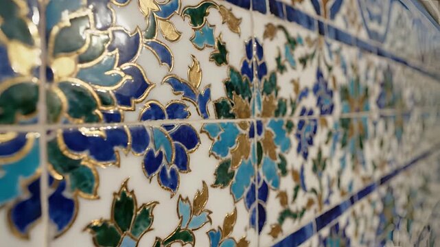 Closeup of intricate blue and gold floral ceramic tiles on a wall.