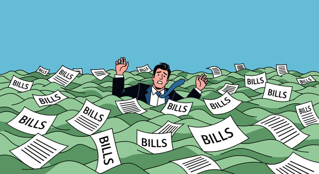 Man Drowning in Bills, Financial Stress, Debt Overload Concept