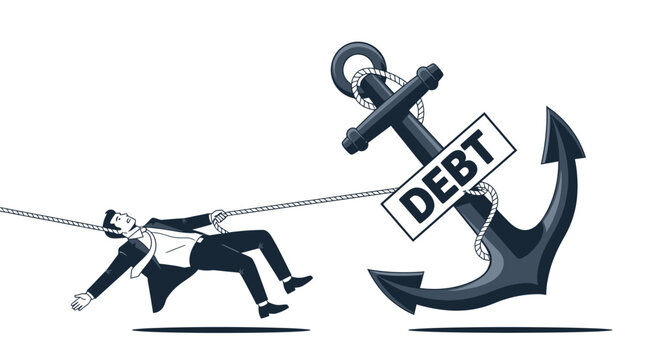 Man struggling against debt anchor, concept of financial burden and struggle