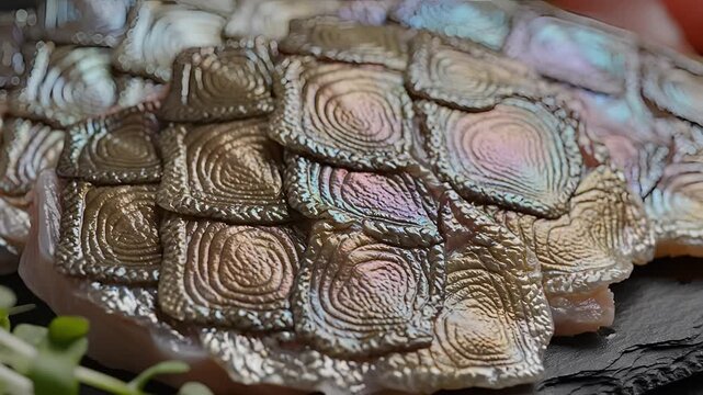 Closeup of iridescent scales with intricate spiral patterns.