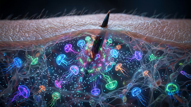 Microscopic jellyfish ecosystem glowing under ultraviolet light in surreal skin texture