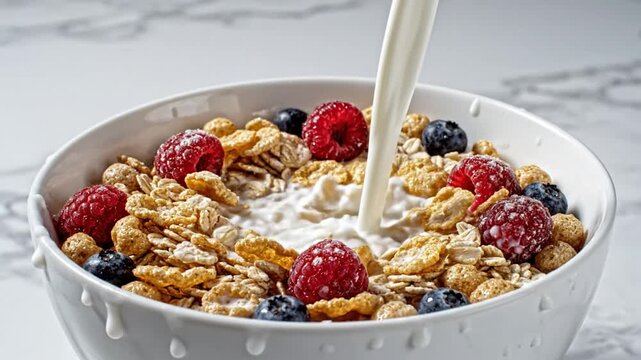 Pouring milk into a breakfast bowl of cereal with raspberries and blueberries splashing on a white background