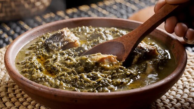 Delicious African Stew with Fish and Greens in a Rustic Bowl.