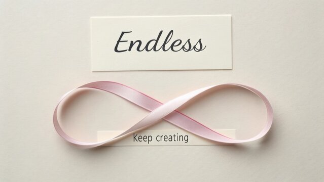 Inspirational message featuring a pink ribbon in the shape of infinity symbol with text that says "Endless" and "Keep creating" on a neutral background