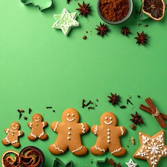 Fototapeta premium A festive arrangement of gingerbread men and spices on green (1)