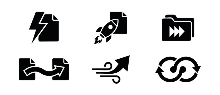 Fast file transfer icon set representing speed data processing, quick document upload, rapid folder sharing, migration arrows, and continuous sync loop for business workflow efficiency dashboards.