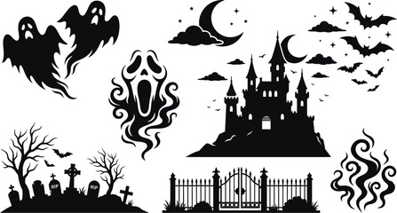 Obraz premium Halloween themed black silhouettes of ghosts bats castle graveyard and gate on white background
