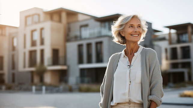 Independent senior enjoying freedom and mobility in a modern neighborhood, symbolizing active and secure retirement living. Elderly woman walking in street, confident, active female in good health.