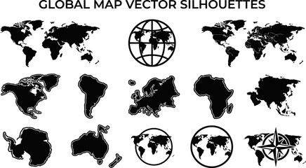 Global map vector silhouettes of world continents and globe  various geographic shapes and outlines © Badhon