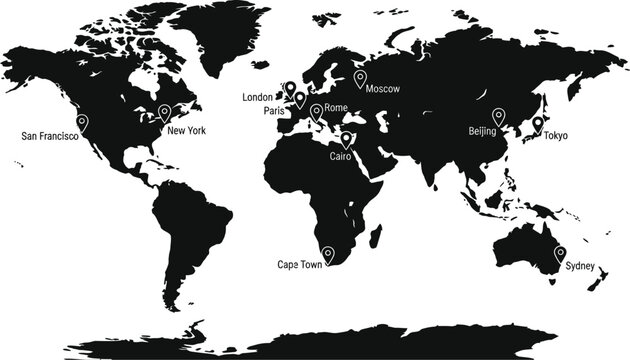 World map with major city locations marked on continents  global connections and travel concept