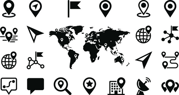 Black map and navigation icons on white background for travel and location concepts