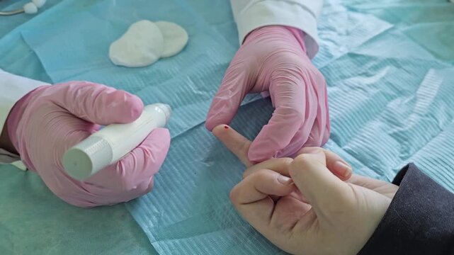 Blood test process in a medical setting with healthcare staff in gloves performing a finger prick