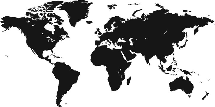 Black silhouette map of the world continents on white background