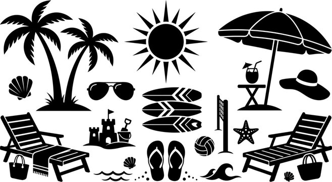 black and white silhouette beach icons set with palm trees and sun