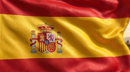 Obraz premium National Flag of Spain Waving in Wind with Detailed Coat of Arms | Spanish Flag Fabric Texture Against Blue Sky Background