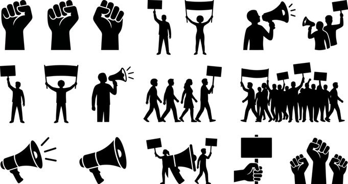 Black silhouettes of people protesting with signs and megaphones on white background