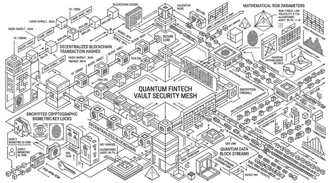 Isolated Black Line Art Quantum FinTech Vault Security Mesh Sheet, "Created with AI assistance and manually refined."