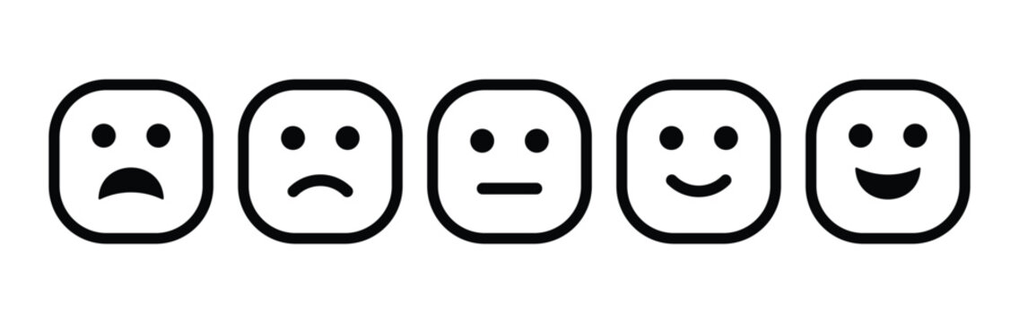 Five black line art emoticons showing a range of facial expressions on a white background