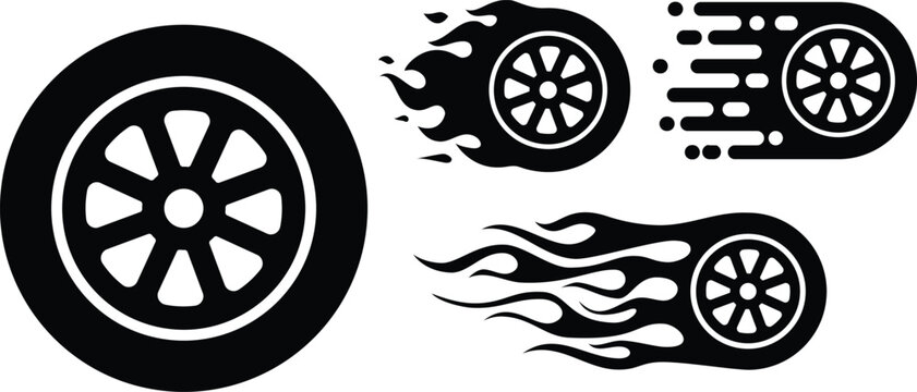 Black silhouette of burning tires with speed flames on a white background