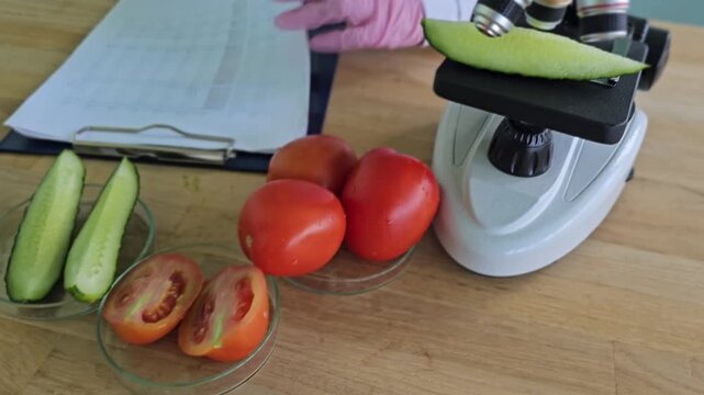 Research on food safety testing with tomatoes and cucumber under a microscope in a lab setting
