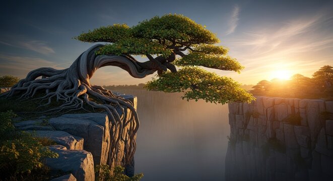 Bonsai na beira de um penhasco ao p&ocirc;r do sol, com luz quente e paisagem enevoada.