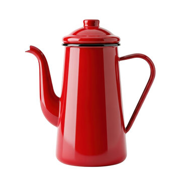 Classic red enamel coffee pot with long spout isolated on transparent background