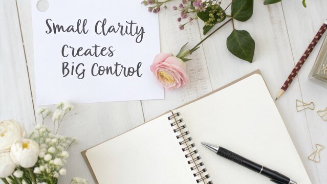 Inspirational workspace setup with handwritten note, floral accents, open notebook, and pen on rustic white wooden background for creative projects