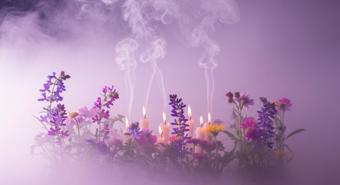 Arranjo floral com velas acesas e fuma&ccedil;a subindo contra um fundo roxo.