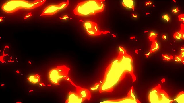 Floating cartoon fire particles and glowing flame embers isolated on a solid black background