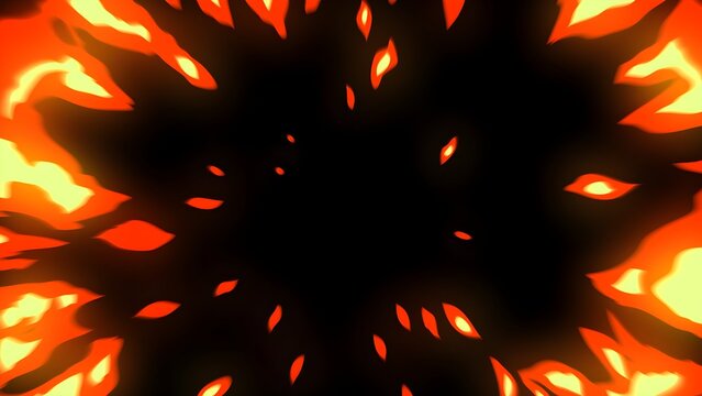 Dynamic cartoon fire explosion frame border with glowing flames isolated on black background
