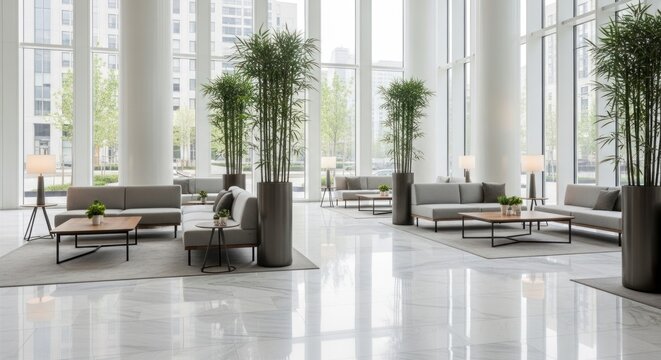 Interior moderno do lobby com &aacute;reas de estar e plantas decorativas durante o dia.