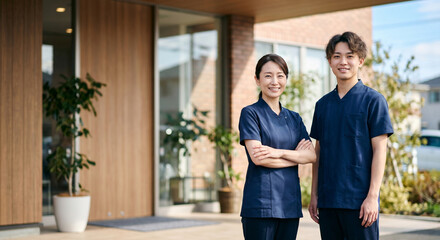 Fototapeta premium 介護施設の前に立つ笑顔の介護士とケアマネージャー 医療 福祉の採用イメージ