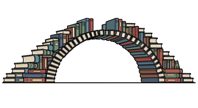 A colorful illustration of stacked books forming an arch.