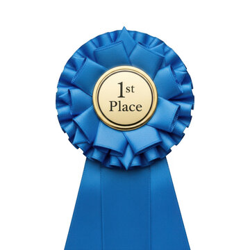 Blue rosette ribbon award for first place winner isolated on transparent background