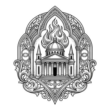 Flaming building with a dome.