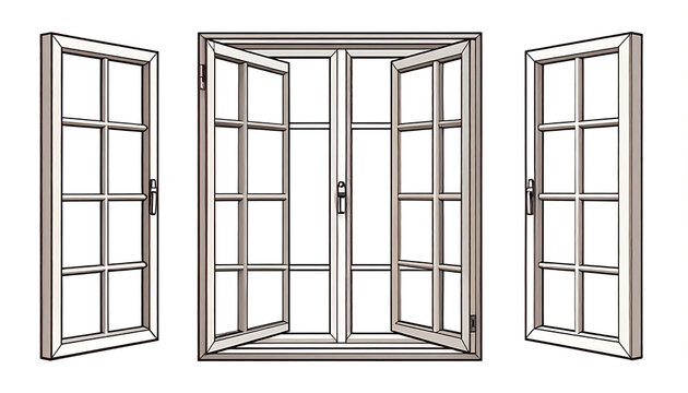 Open and closed casement window frames, home architecture elements, architectural design, interior exterior