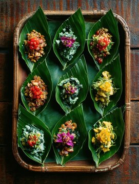 Traditional Thai miang kham on banana leaf tray with vibrant toppings arranged overhead.