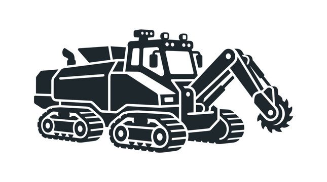 Flat black icon of a heavy industrial trenching machine with durable steel tracks and blades