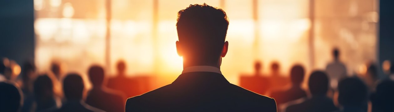 A business leader presents ideas to an engaged audience during a vibrant conference.