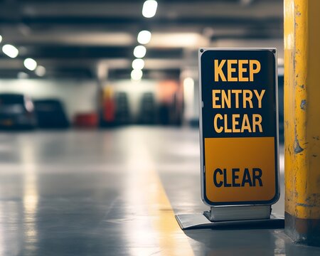 A clear and informative sign in a parking garage emphasizes the importance of keeping entry points free for smooth accessibility and safety in the facility.