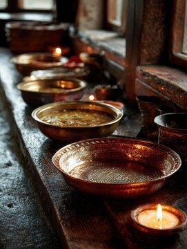 Traditional Nepalese dal bhat served on brass plates by candlelight in a rustic mountain lodge setting.
