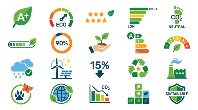 Set of twenty colorful ecological icons showing sustainability and environmental protection symbols