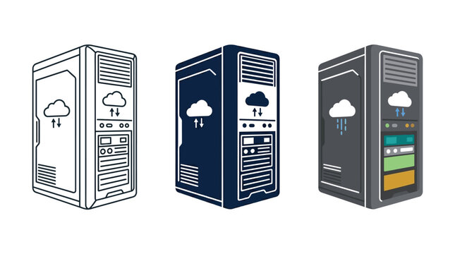 Three distinct computer server tower icons showcasing cloud computing storage technology in a flat graphic style