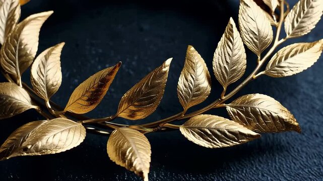 Elegant gold laurel wreath displayed on a dark background with clear shapes of leaves giving an impression of craftsmanship