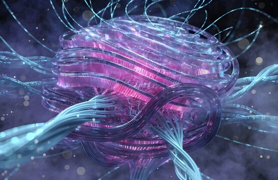 Futuristic 3D brain structure with glowing fiber optic cables and neural network data core