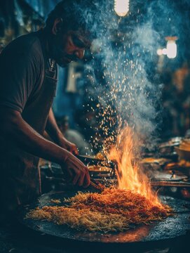 Street vendor cooking Sri Lankan kottu roti on a large iron griddle with dramatic fire sparks.