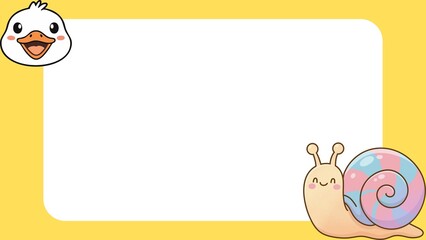Cute cartoon duck and snail border with a yellow background and space for text © asasima