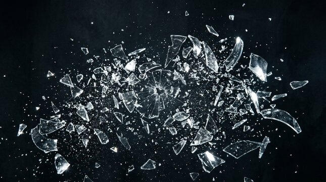 Shattered glass explodes into many pieces in a dark setting during a moment of impact